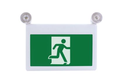 Picture of LED Running Man Exit Sign, Round Heads with Battery backup Combo and Emergency Lighting, 2 heads, 3 watts each head, emergency duration ≥2 Hours, 120-347V